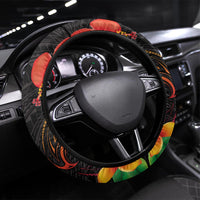 French Polynesia Bastille Day Steering Wheel Cover Tiare Flower and National Seal Polynesian Pattern LT03 Universal Fit Black - Polynesian Pride