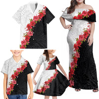 Hawaii Red Hibiscus Flowers Family Matching Off Shoulder Maxi Dress and Hawaiian Shirt Polynesian Pattern With Half Black White Version LT03 - Polynesian Pride