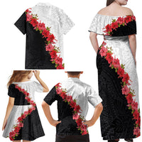 Hawaii Red Hibiscus Flowers Family Matching Off Shoulder Maxi Dress and Hawaiian Shirt Polynesian Pattern With Half Black White Version LT03 - Polynesian Pride