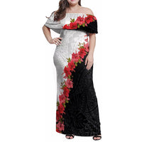 Hawaii Red Hibiscus Flowers Family Matching Off Shoulder Maxi Dress and Hawaiian Shirt Polynesian Pattern With Half Black White Version LT03 Mom's Dress Black - Polynesian Pride