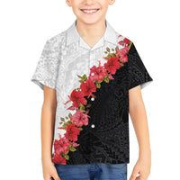 Hawaii Red Hibiscus Flowers Family Matching Off Shoulder Maxi Dress and Hawaiian Shirt Polynesian Pattern With Half Black White Version LT03 Son's Shirt Black - Polynesian Pride