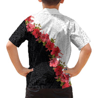 Hawaii Red Hibiscus Flowers Family Matching Off Shoulder Short Dress and Hawaiian Shirt Polynesian Pattern With Half Black White Version LT03 - Polynesian Pride