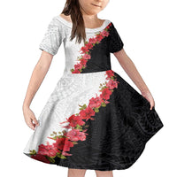 Hawaii Red Hibiscus Flowers Family Matching Off Shoulder Short Dress and Hawaiian Shirt Polynesian Pattern With Half Black White Version LT03 Daughter's Dress Black - Polynesian Pride