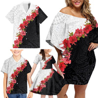 Hawaii Red Hibiscus Flowers Family Matching Off Shoulder Short Dress and Hawaiian Shirt Polynesian Pattern With Half Black White Version LT03 - Polynesian Pride