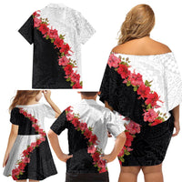 Hawaii Red Hibiscus Flowers Family Matching Off Shoulder Short Dress and Hawaiian Shirt Polynesian Pattern With Half Black White Version LT03 - Polynesian Pride