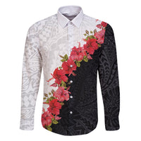 Hawaii Red Hibiscus Flowers Family Matching Off Shoulder Short Dress and Hawaiian Shirt Polynesian Pattern With Half Black White Version LT03 Dad's Shirt - Long Sleeve Black - Polynesian Pride