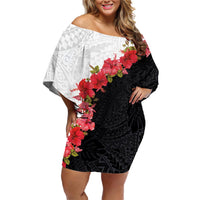 Hawaii Red Hibiscus Flowers Family Matching Off Shoulder Short Dress and Hawaiian Shirt Polynesian Pattern With Half Black White Version LT03 Mom's Dress Black - Polynesian Pride
