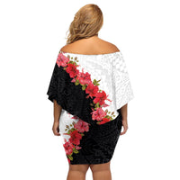 Hawaii Red Hibiscus Flowers Family Matching Off Shoulder Short Dress and Hawaiian Shirt Polynesian Pattern With Half Black White Version LT03 - Polynesian Pride
