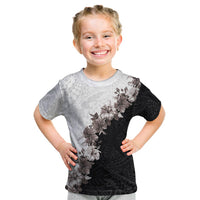 Hawaii Grayscale Hibiscus Flowers Kid T Shirt Polynesian Pattern With Half Black White Version LT03 Black - Polynesian Pride