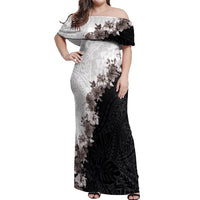 Hawaii Grayscale Hibiscus Flowers Off Shoulder Maxi Dress Polynesian Pattern With Half Black White Version