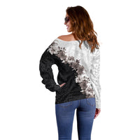Hawaii Grayscale Hibiscus Flowers Off Shoulder Sweater Polynesian Pattern With Half Black White Version
