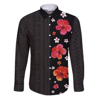 Hawaii Hibiscus and Plumeria Flowers Family Matching Off Shoulder Short Dress and Hawaiian Shirt Tapa Tribal Pattern Half Style Colorful Mode