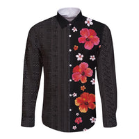 Hawaii Hibiscus and Plumeria Flowers Long Sleeve Button Shirt Tapa Tribal Pattern Half Style Colorful Mode