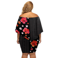 Hawaii Hibiscus and Plumeria Flowers Off Shoulder Short Dress Tapa Tribal Pattern Half Style Colorful Mode