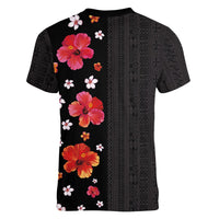 Hawaii Hibiscus and Plumeria Flowers Women V-Neck T-Shirt Tapa Tribal Pattern Half Style Colorful Mode LT03 - Polynesian Pride
