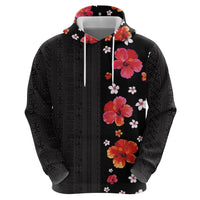 Hawaii Hibiscus and Plumeria Flowers Zip Hoodie Tapa Tribal Pattern Half Style Colorful Mode