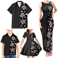 Hawaii Hibiscus and Plumeria Flowers Family Matching Tank Maxi Dress and Hawaiian Shirt Tapa Tribal Pattern Half Style Grayscale Mode