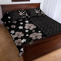 Hawaii Hibiscus and Plumeria Flowers Quilt Bed Set Tapa Tribal Pattern Half Style Grayscale Mode