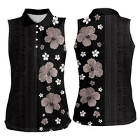 Hawaii Hibiscus and Plumeria Flowers Women Sleeveless Polo Shirt Tapa Tribal Pattern Half Style Grayscale Mode LT03 - Polynesian Pride