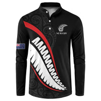 New Zealand Rugby Custom Button Sweatshirt Sporty Silver Fern Shape with Maori Tattoos - Polynesian Pride
