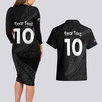 New Zealand Rugby Custom Couples Matching Long Sleeve Bodycon Dress and Hawaiian Shirt Sporty Silver Fern Shape with Maori Tattoos - Polynesian Pride
