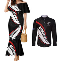 New Zealand Rugby Custom Couples Matching Mermaid Dress and Long Sleeve Button Shirt Sporty Silver Fern Shape with Maori Tattoos - Polynesian Pride