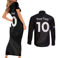 New Zealand Rugby Custom Couples Matching Short Sleeve Bodycon Dress and Long Sleeve Button Shirt Sporty Silver Fern Shape with Maori Tattoos - Polynesian Pride