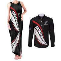 New Zealand Rugby Custom Couples Matching Tank Maxi Dress and Long Sleeve Button Shirt Sporty Silver Fern Shape with Maori Tattoos - Polynesian Pride