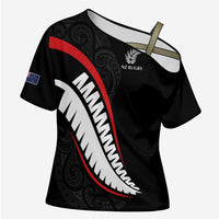 New Zealand Rugby Custom Cross Shoulder Shirt Sporty Silver Fern Shape with Maori Tattoos - Polynesian Pride