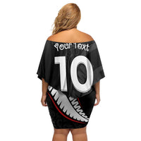 New Zealand Rugby Custom Off Shoulder Short Dress Sporty Silver Fern Shape with Maori Tattoos - Polynesian Pride