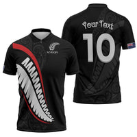 New Zealand Rugby Custom Zipper Polo Shirt Sporty Silver Fern Shape with Maori Tattoos - Polynesian Pride