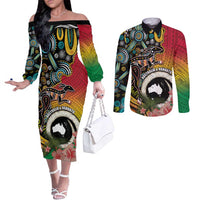 Vanuatu and Australia Together Couples Matching Off The Shoulder Long Sleeve Dress and Long Sleeve Button Shirt Kangaroo with Pig Tusk Indigenous Pattern LT03 Black - Polynesian Pride