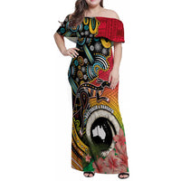 Vanuatu and Australia Together Family Matching Off Shoulder Maxi Dress and Hawaiian Shirt Kangaroo with Pig Tusk Indigenous Pattern LT03 Mom's Dress Black - Polynesian Pride