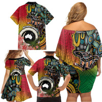 Vanuatu and Australia Together Family Matching Off Shoulder Short Dress and Hawaiian Shirt Kangaroo with Pig Tusk Indigenous Pattern