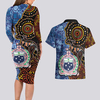 Samoa and Australia Together Couples Matching Long Sleeve Bodycon Dress and Hawaiian Shirt Kangaroo and Tribal Hibiscus Aboriginal Pattern LT03 - Polynesian Pride