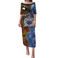 Samoa and Australia Together Family Matching Puletasi and Hawaiian Shirt Kangaroo and Tribal Hibiscus Aboriginal Pattern LT03 Mom's Dress Blue - Polynesian Pride