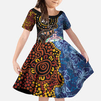 Samoa and Australia Together Family Matching Tank Maxi Dress and Hawaiian Shirt Kangaroo and Tribal Hibiscus Aboriginal Pattern LT03 Daughter's Dress Blue - Polynesian Pride