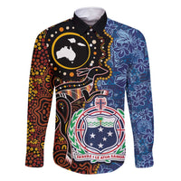 Samoa and Australia Together Family Matching Tank Maxi Dress and Hawaiian Shirt Kangaroo and Tribal Hibiscus Aboriginal Pattern LT03 Dad's Shirt - Long Sleeve Blue - Polynesian Pride