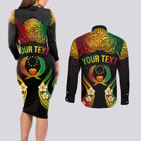 Personalised Pohnpei Independence Day Couples Matching Long Sleeve Bodycon Dress and Long Sleeve Button Shirt Polynesian Tattoo and Plumeria Reggae Color