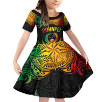 Personalised Pohnpei Independence Day Family Matching Off Shoulder Short Dress and Hawaiian Shirt Polynesian Tattoo and Plumeria Reggae Color LT03 Daughter's Dress Reggae - Polynesian Pride