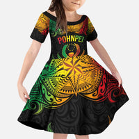 Personalised Pohnpei Independence Day Kid Short Sleeve Dress Polynesian Tattoo and Plumeria Reggae Color