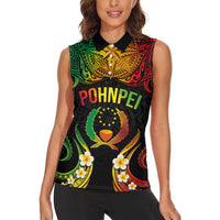 Personalised Pohnpei Independence Day Women Sleeveless Polo Shirt Polynesian Tattoo and Plumeria Reggae Color LT03 - Polynesian Pride