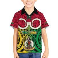 Personalised Vanuatu Family Matching Long Sleeve Bodycon Dress and Hawaiian Shirt Pig Tusk Mix Maori Pattern and Namele Leaf LT03 Son's Shirt Red - Polynesian Pride