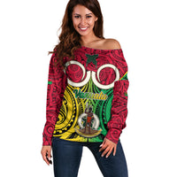 Personalised Vanuatu Off Shoulder Sweater Pig Tusk Mix Maori Pattern and Namele Leaf LT03 Women Red - Polynesian Pride