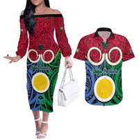 Vanuatu Shefa Province Couples Matching Off The Shoulder Long Sleeve Dress and Hawaiian Shirt Pig Tusk Mix Maori Pattern and Namele Leaf LT03 Red - Polynesian Pride