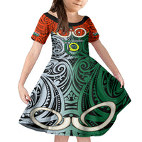 Vanuatu Penama Province Family Matching Short Sleeve Bodycon Dress and Hawaiian Shirt Pig Tusk Mix Maori Pattern and Namele Leaf LT03 Daughter's Dress Orange - Polynesian Pride