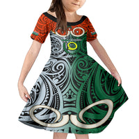 Vanuatu Penama Province Family Matching Tank Maxi Dress and Hawaiian Shirt Pig Tusk Mix Maori Pattern and Namele Leaf LT03 Daughter's Dress Orange - Polynesian Pride