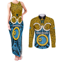 Personalised Vanuatu Sanma Province Couples Matching Tank Maxi Dress and Long Sleeve Button Shirts Pig Tusk Mix Maori Pattern and Namele Leaf LT03 Blue - Polynesian Pride