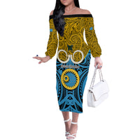 Personalised Vanuatu Sanma Province Family Matching Off Shoulder Long Sleeve Dress and Hawaiian Shirt Pig Tusk Mix Maori Pattern and Namele Leaf LT03 Mom's Dress Blue - Polynesian Pride