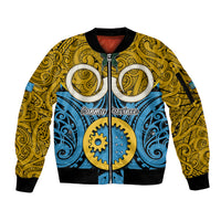 Personalised Vanuatu Sanma Province Sleeve Zip Bomber Jacket Pig Tusk Mix Maori Pattern and Namele Leaf LT03 Unisex Blue - Polynesian Pride